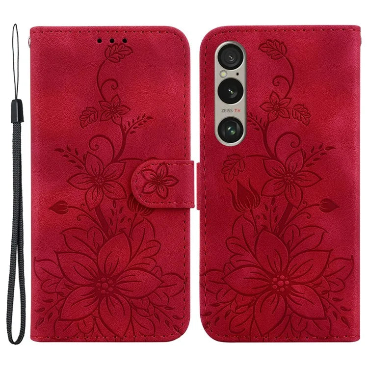 For Sony Xperia 1 VI Case Stand Flower Imprint PU Leather Flip Phone Cover