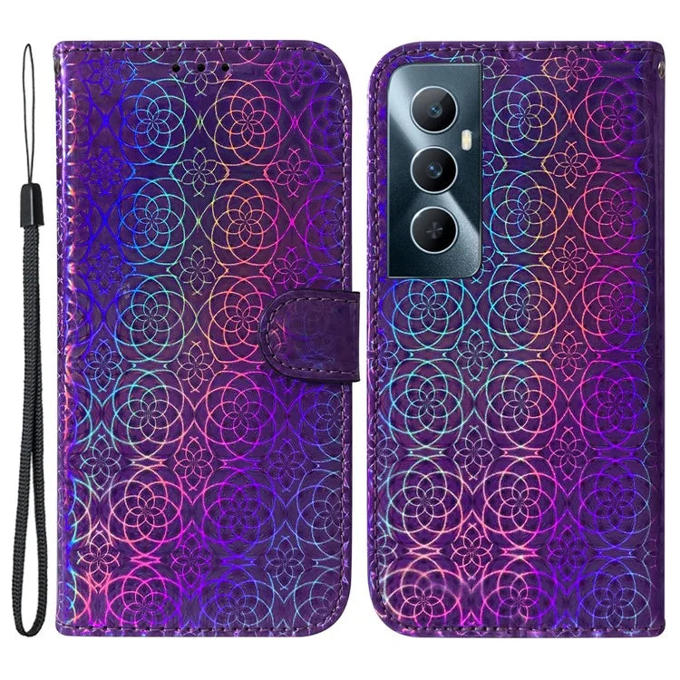 For Realme C65 4G Case Dazzling Flower PU Leather Card Slots Wrist Strap Phone Cover