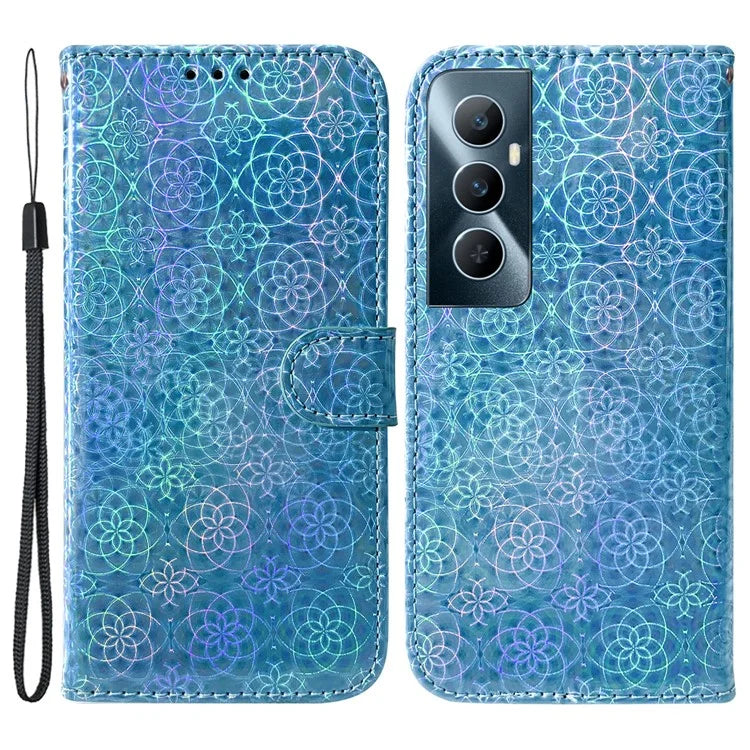 For Realme C65 4G Case Dazzling Flower PU Leather Card Slots Wrist Strap Phone Cover