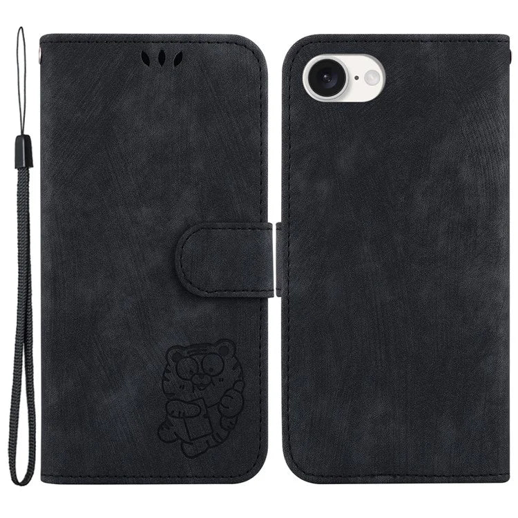 For iPhone SE (2024) Case Wallet PU Leather Flip Phone Stand Cover with Imprinted Tiger Pattern
