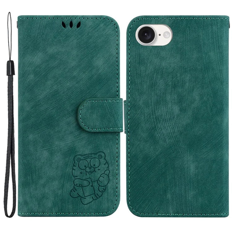 For iPhone SE (2024) Case Wallet PU Leather Flip Phone Stand Cover with Imprinted Tiger Pattern