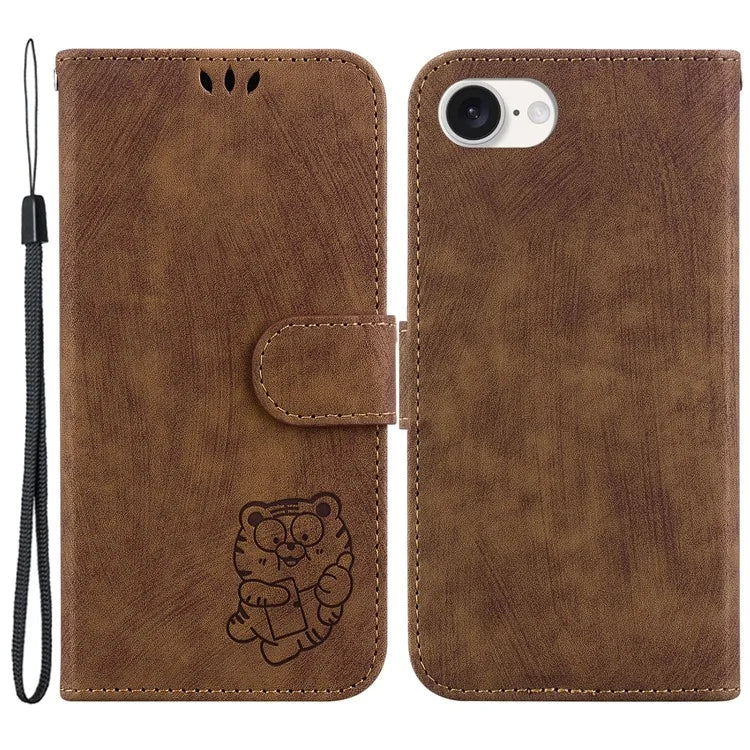 For iPhone SE (2024) Case Wallet PU Leather Flip Phone Stand Cover with Imprinted Tiger Pattern