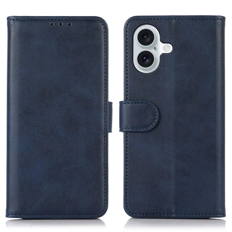 For iPhone 16 Plus Case PU Leather Purse Cowhide Texture Stand Phone Cover
