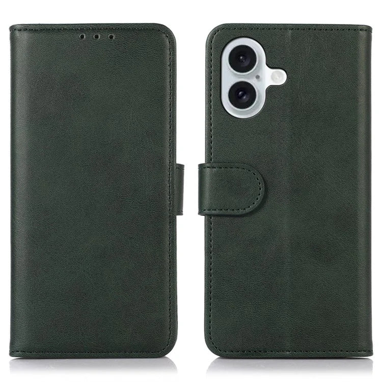 For iPhone 16 Plus Case PU Leather Purse Cowhide Texture Stand Phone Cover