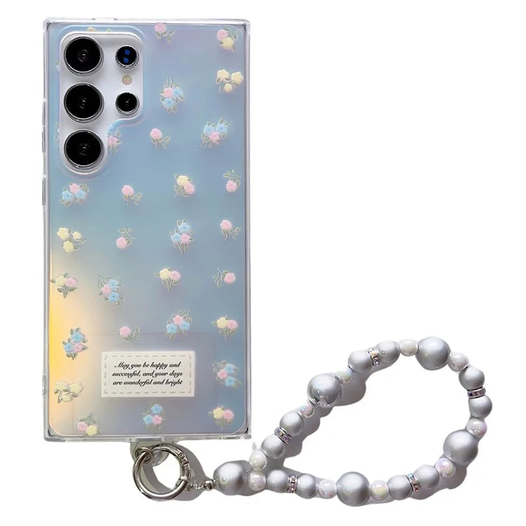 For Samsung Galaxy S23 Ultra Case TPU Cell Phone Back Cover with Strap Flower Pattern Laser Effect