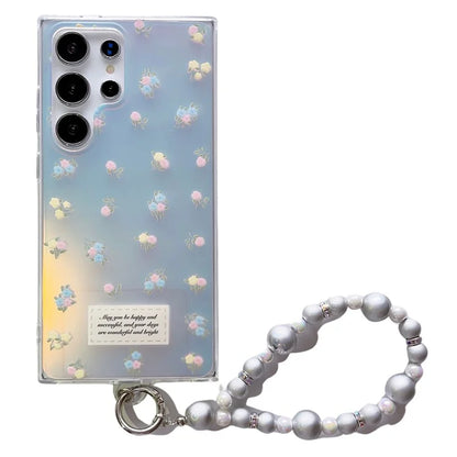 For Samsung Galaxy S23 Ultra Case TPU Cell Phone Back Cover with Strap Flower Pattern Laser Effect