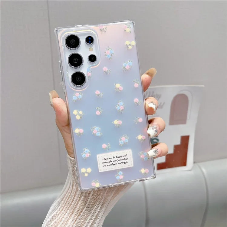 For Samsung Galaxy S23 Ultra Case TPU Cell Phone Back Cover with Strap Flower Pattern Laser Effect
