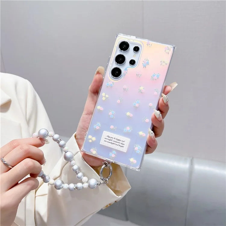 For Samsung Galaxy S23 Ultra Case TPU Cell Phone Back Cover with Strap Flower Pattern Laser Effect