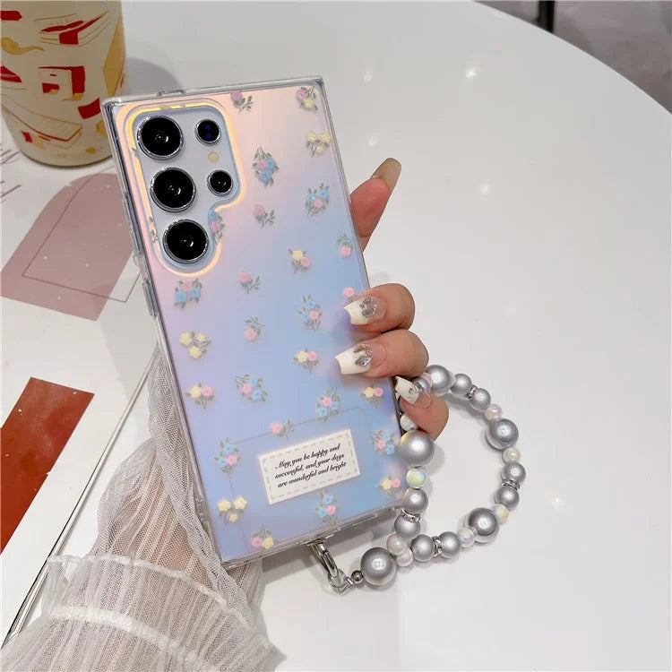 For Samsung Galaxy S23 Ultra Case TPU Cell Phone Back Cover with Strap Flower Pattern Laser Effect