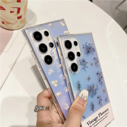 For Samsung Galaxy S23 Ultra Case TPU Cell Phone Back Cover with Strap Flower Pattern Laser Effect