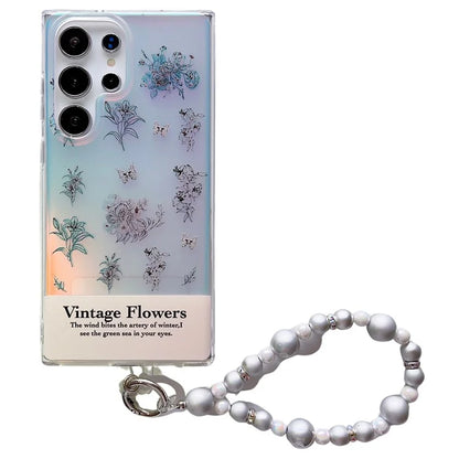 For Samsung Galaxy S23 Ultra Case TPU Cell Phone Back Cover with Strap Flower Pattern Laser Effect