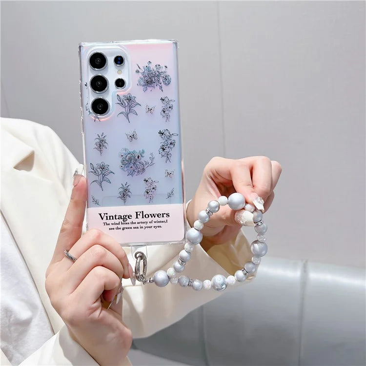 For Samsung Galaxy S23 Ultra Case TPU Cell Phone Back Cover with Strap Flower Pattern Laser Effect