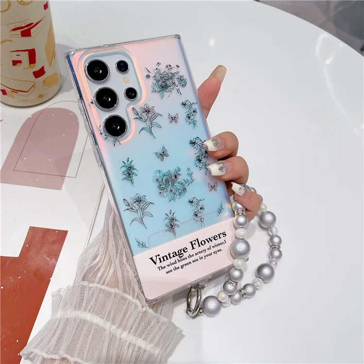 For Samsung Galaxy S23 Ultra Case TPU Cell Phone Back Cover with Strap Flower Pattern Laser Effect
