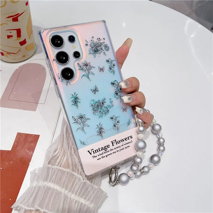 For Samsung Galaxy S23 Ultra Case TPU Cell Phone Back Cover with Strap Flower Pattern Laser Effect