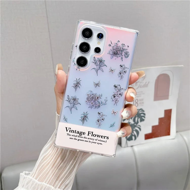 For Samsung Galaxy S23 Ultra Case TPU Cell Phone Back Cover with Strap Flower Pattern Laser Effect