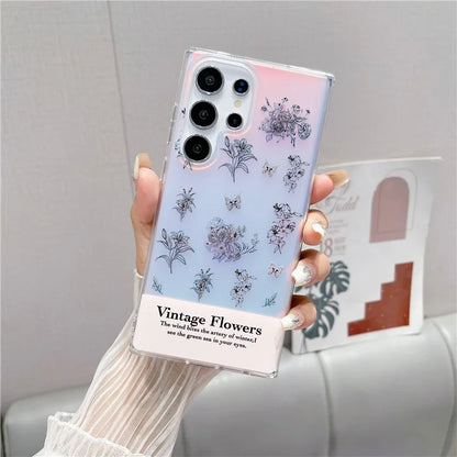 For Samsung Galaxy S23 Ultra Case TPU Cell Phone Back Cover with Strap Flower Pattern Laser Effect