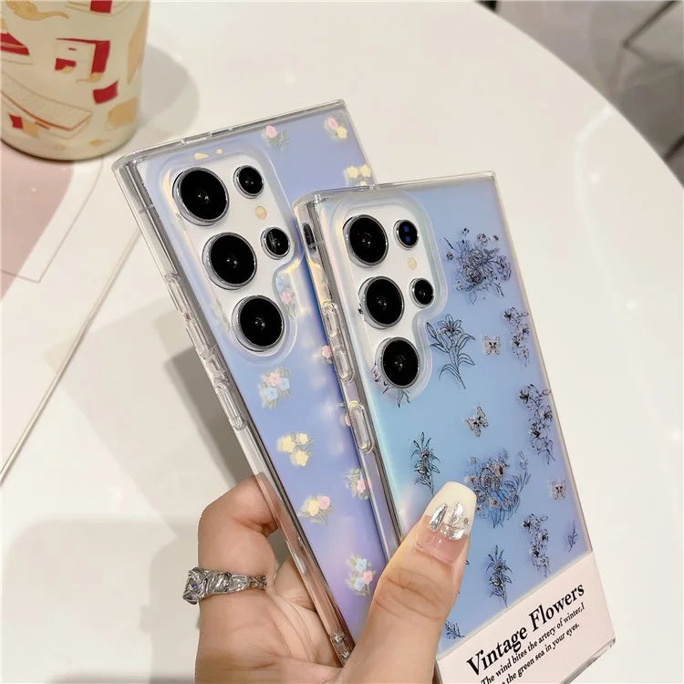 For Samsung Galaxy S23 Ultra Case TPU Cell Phone Back Cover with Strap Flower Pattern Laser Effect