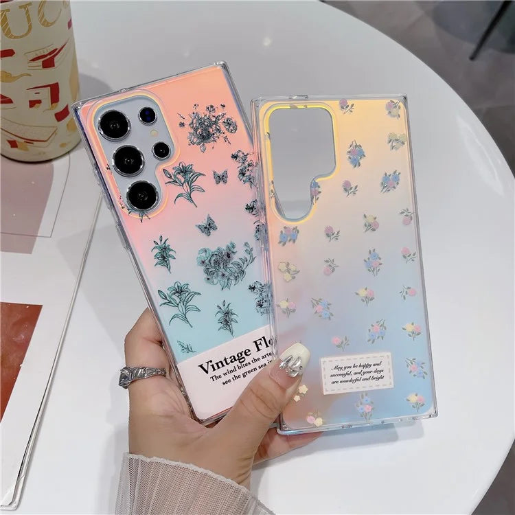 For Samsung Galaxy S23 Ultra Case TPU Cell Phone Back Cover with Strap Flower Pattern Laser Effect