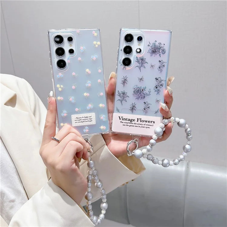 For Samsung Galaxy S23 Ultra Case TPU Cell Phone Back Cover with Strap Flower Pattern Laser Effect