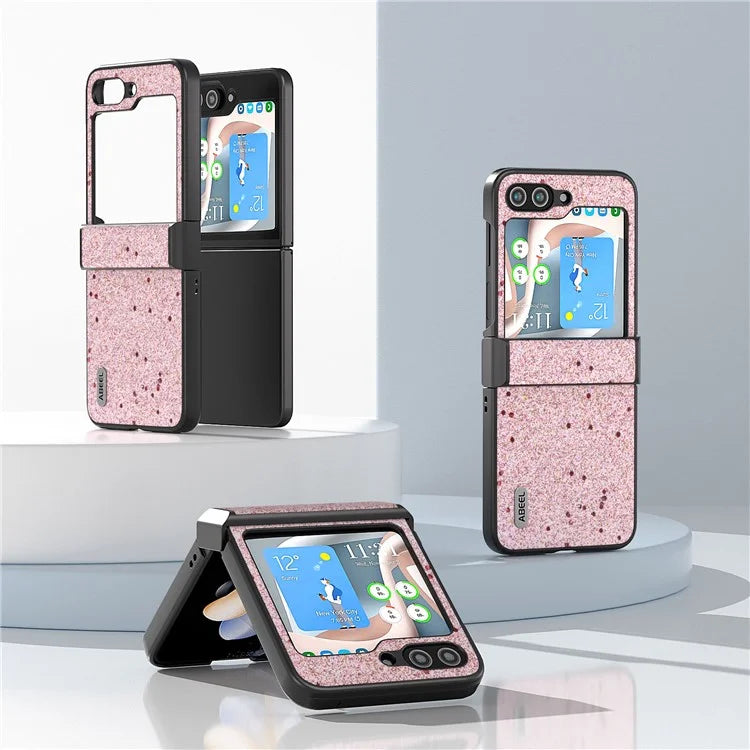 ABEEL For Samsung Galaxy Z Flip6 5G Case PU Leather+PC Glitter Phone Cover with Hinge Design