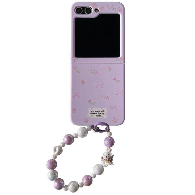 For Samsung Galaxy Z Flip5 5G Case Purple Floral Hard PC Phone Cover with Chain