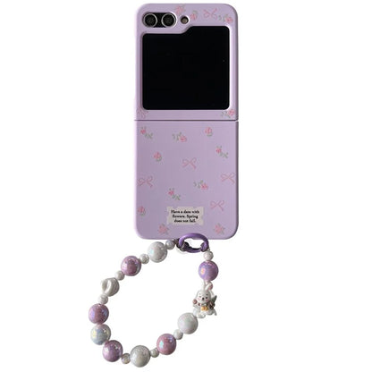 For Samsung Galaxy Z Flip5 5G Case Purple Floral Hard PC Phone Cover with Chain