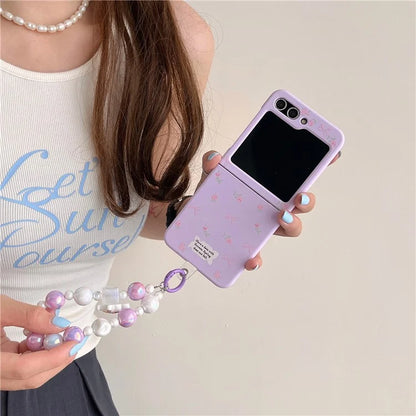 For Samsung Galaxy Z Flip5 5G Case Purple Floral Hard PC Phone Cover with Chain
