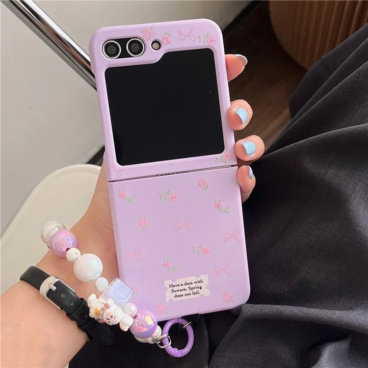 For Samsung Galaxy Z Flip5 5G Case Purple Floral Hard PC Phone Cover with Chain
