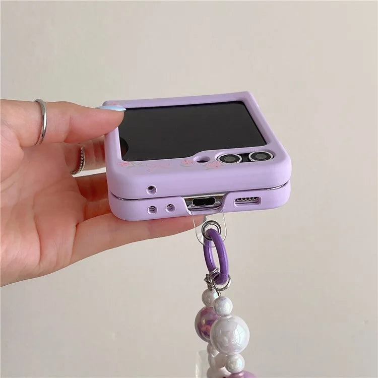 For Samsung Galaxy Z Flip5 5G Case Purple Floral Hard PC Phone Cover with Chain