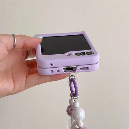 For Samsung Galaxy Z Flip5 5G Case Purple Floral Hard PC Phone Cover with Chain