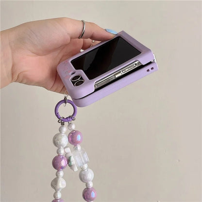 For Samsung Galaxy Z Flip5 5G Case Purple Floral Hard PC Phone Cover with Chain