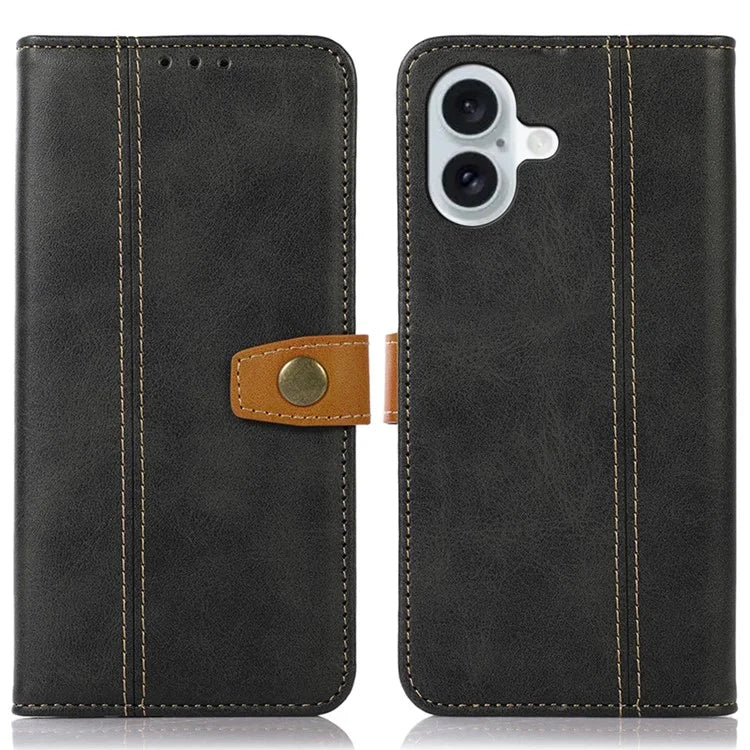 For iPhone 16 Case Leather Wallet Stand Calf Texture Protective Phone Cover