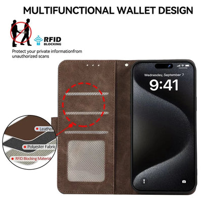 ABEEL For iPhone 16 Pro Max Leather Case RFID Blocking Anti-Scratch Wallet Phone Cover