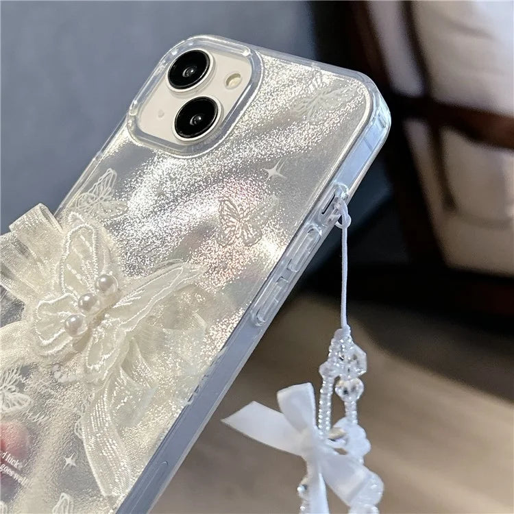 For iPhone 15 Case Laser Effect Pattern Soft TPU Cell Phone Back Cover with Hand Strap
