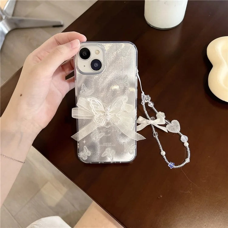For iPhone 15 Case Laser Effect Pattern Soft TPU Cell Phone Back Cover with Hand Strap
