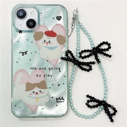 For iPhone 15 Case PC+TPU IMD Pattern Laser Effect Bling Phone Cover with Chain
