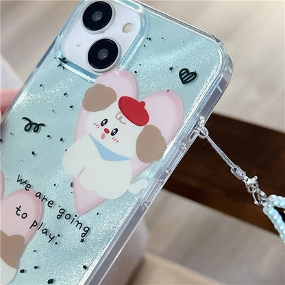 For iPhone 15 Case PC+TPU IMD Pattern Laser Effect Bling Phone Cover with Chain