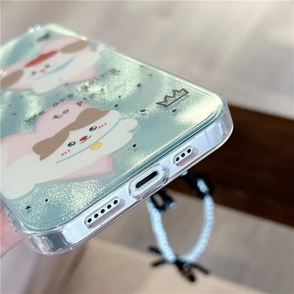 For iPhone 15 Case PC+TPU IMD Pattern Laser Effect Bling Phone Cover with Chain