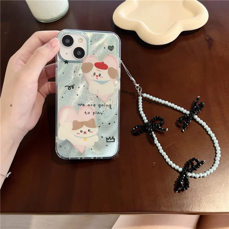 For iPhone 15 Case PC+TPU IMD Pattern Laser Effect Bling Phone Cover with Chain