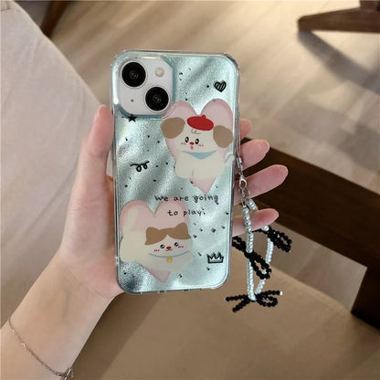 For iPhone 15 Case PC+TPU IMD Pattern Laser Effect Bling Phone Cover with Chain
