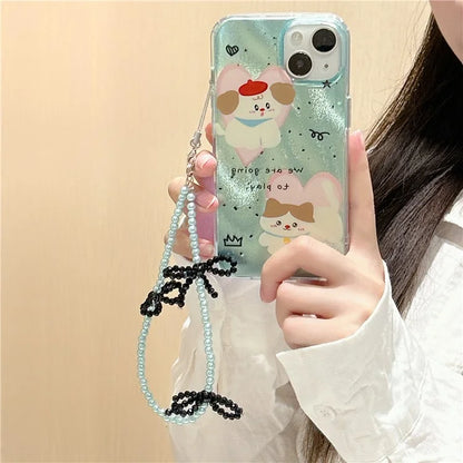 For iPhone 15 Case PC+TPU IMD Pattern Laser Effect Bling Phone Cover with Chain