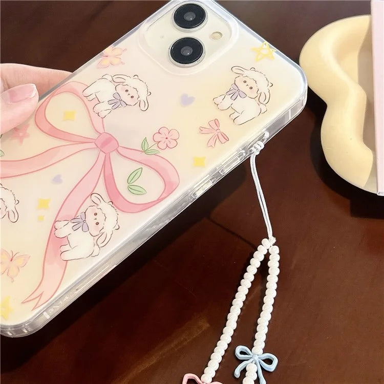 For iPhone 15 Case PC+TPU IMD Pattern Laser Effect Bling Phone Cover with Chain
