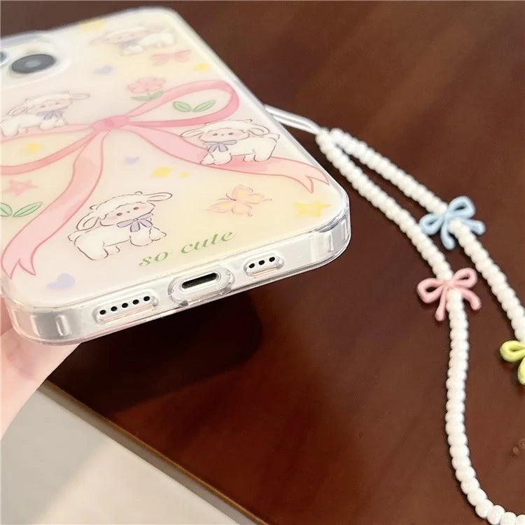 For iPhone 15 Case PC+TPU IMD Pattern Laser Effect Bling Phone Cover with Chain