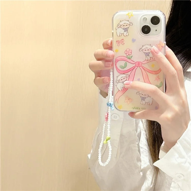 For iPhone 15 Case PC+TPU IMD Pattern Laser Effect Bling Phone Cover with Chain
