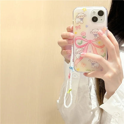 For iPhone 15 Case PC+TPU IMD Pattern Laser Effect Bling Phone Cover with Chain