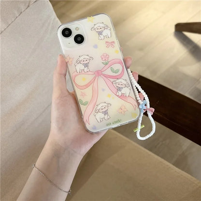 For iPhone 15 Case PC+TPU IMD Pattern Laser Effect Bling Phone Cover with Chain