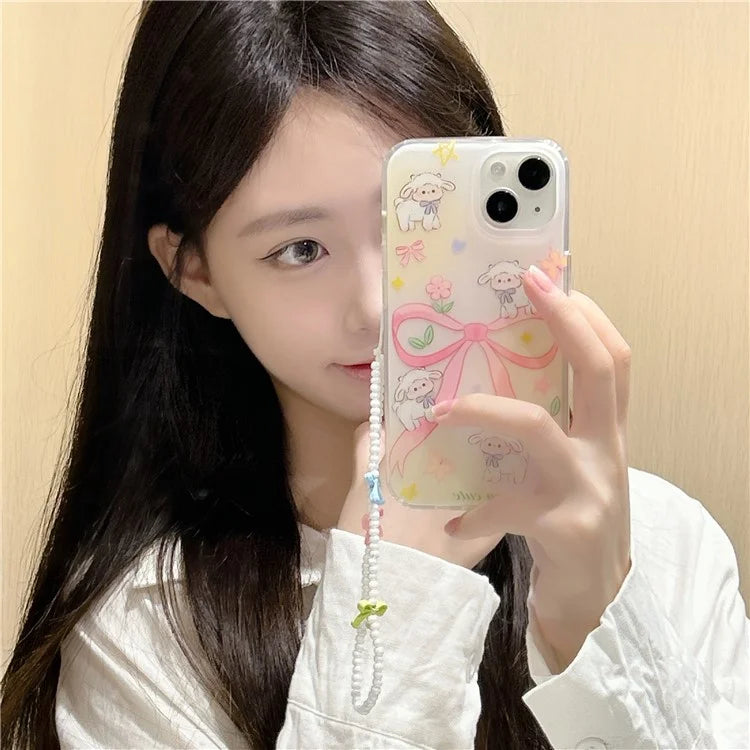 For iPhone 15 Case PC+TPU IMD Pattern Laser Effect Bling Phone Cover with Chain