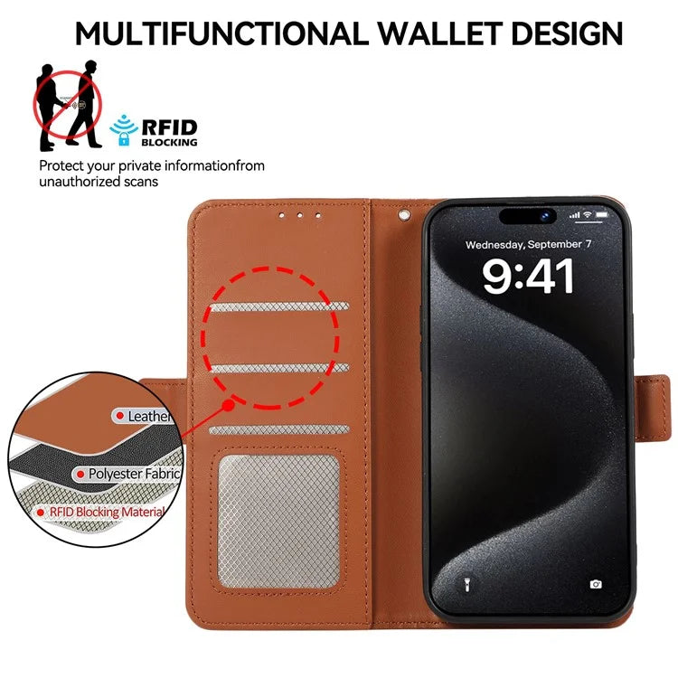 ABEEL For iPhone 16 Pro Leather Case RFID Blocking Phone Cover with Dual Magnetic Clasps