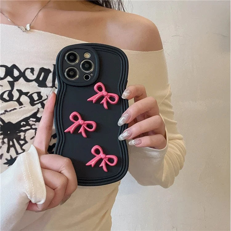 For iPhone 14 Pro Cell Phone Cases Three Bowknot Decor Wavy Edge Soft TPU Cover