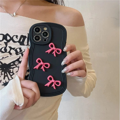 For iPhone 14 Pro Cell Phone Cases Three Bowknot Decor Wavy Edge Soft TPU Cover